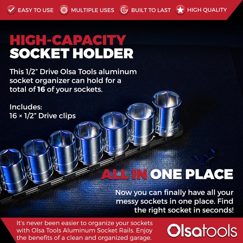 Olsa Tools 1/2-Inch Drive Aluminum Socket Organizer with Locking End Caps | Professional Quality Socket Holder (BLACK) - Image 2